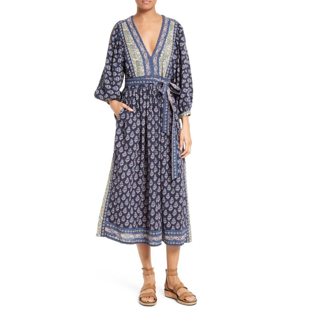 La Vie Rebecca Taylor Indienne Cotton Midi Dress Boho‎ Floral Block Print Small